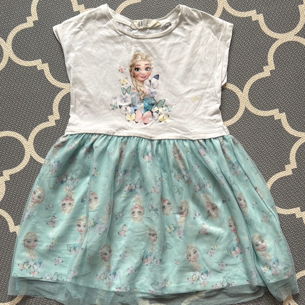 H&M Disney Frozen Elsa Short/No-Sleeve(s) Dress - White & Aqua Blue - Size 4-6Y
